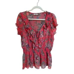 Poetry Floral Ruffle Blouse‎ Top Womens Coral Pink Sheer Summer Size XL